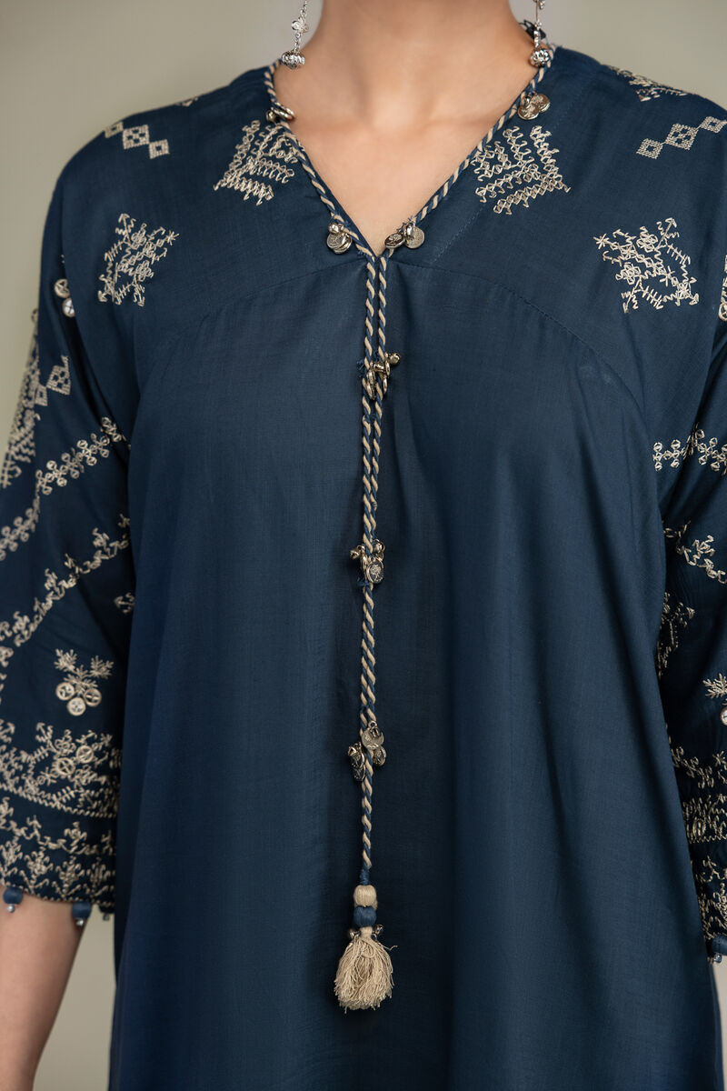 Embroidered | Raw Silk | V-Neck Longline Kurta | USD 70.00