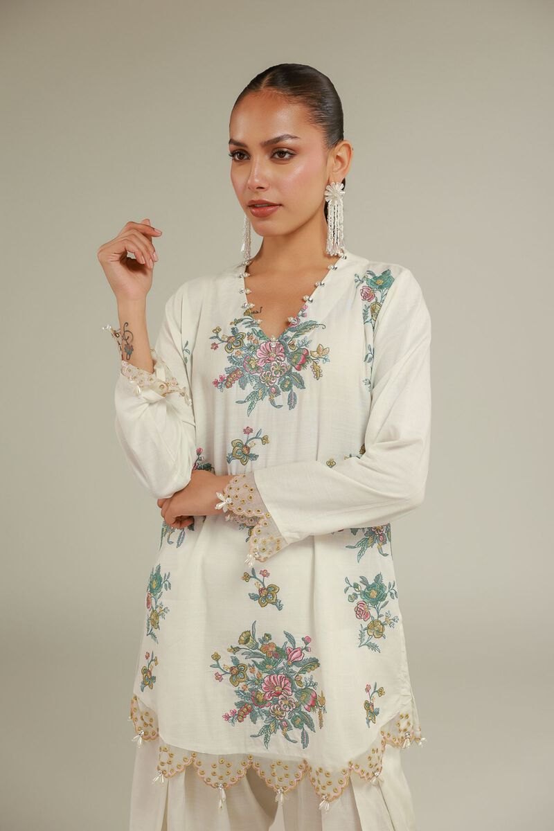 Embroidered | Raw Silk | Floral V-Neck Kurta | USD 70.00
