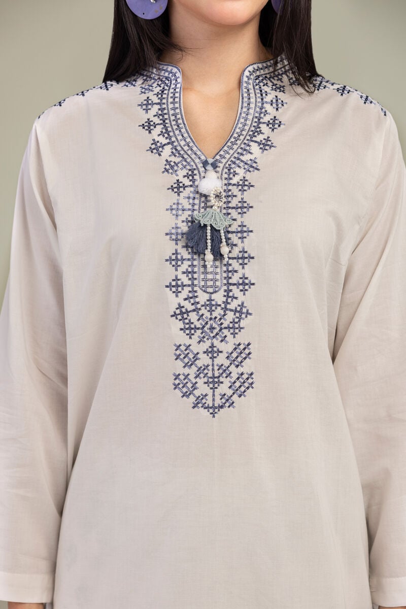 Embroidered | Cambric | White V-Neck Kurta | USD 35.00