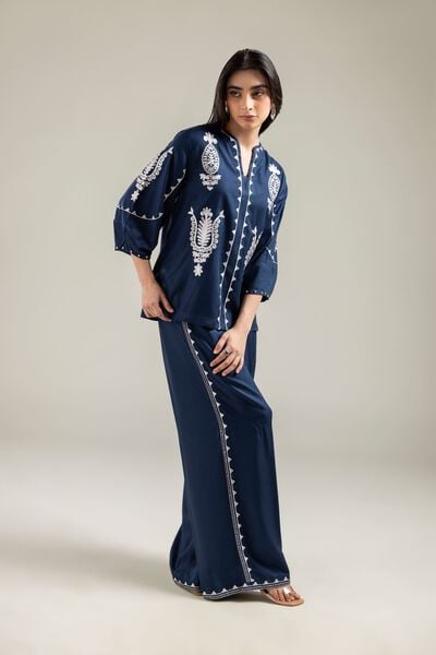 Embroidered | Viscose Crepe | Viscose Navy Trousers | USD 30.00