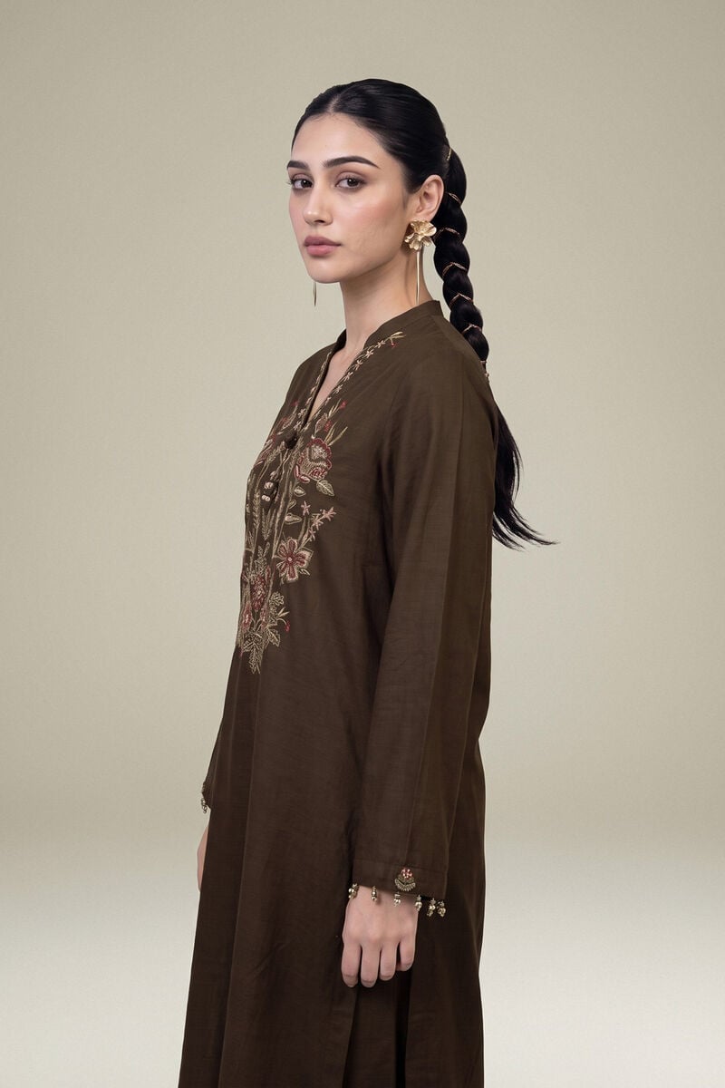 Embroidered | Raw Silk | Long V-neck Kurta | USD 60.00