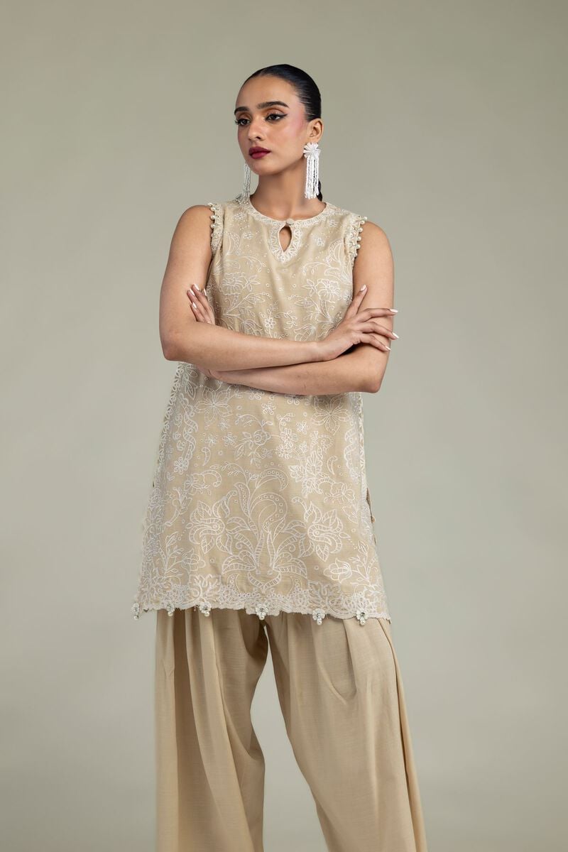 Embroidered | Raw Silk | Beige Sleeveless Kurta | USD 75.00