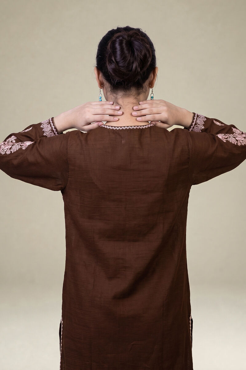Embroidered | Light Khaddar | Brown V-neck Kurta | USD 45.00