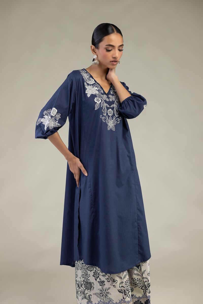Embroidered | Cotton Dobby | Floral V-Neck Kurta | USD 45.00