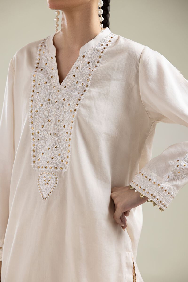 Embroidered | Textured Weave | Short V-Neck Kurta | USD 40.00