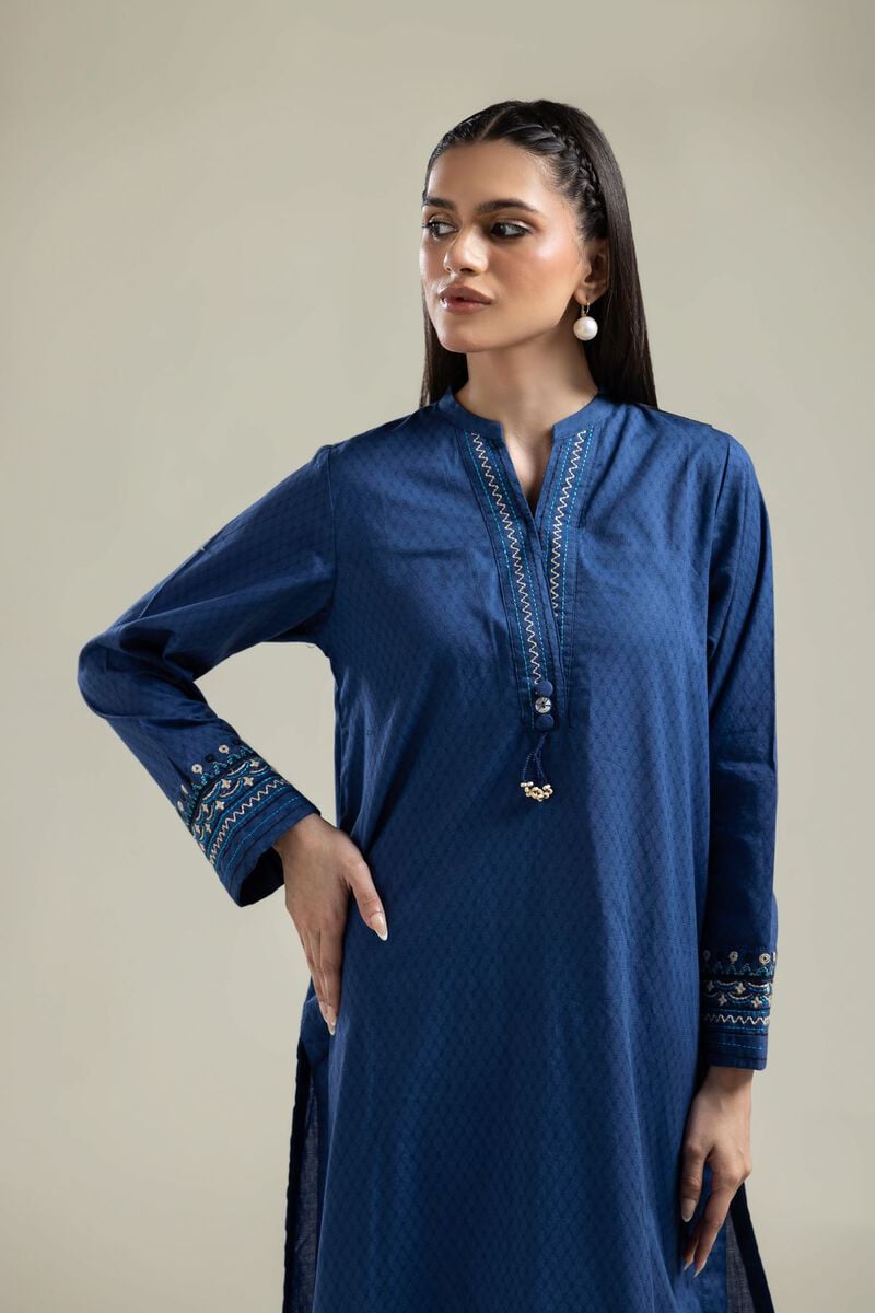 Embroidered |Cotton Dobby | Blue Longline Kurta | USD 35.00