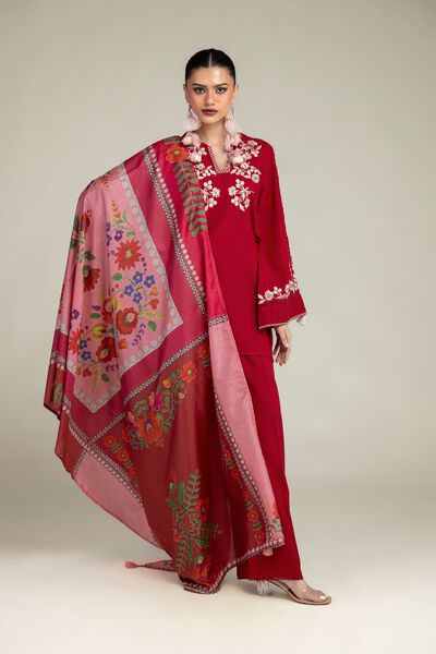 Embroidered | Raw Silk | Red Solid Pants | USD 30.00