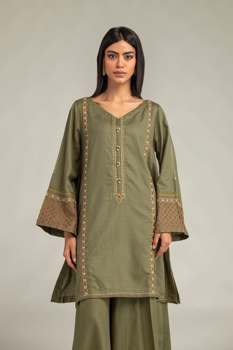 Embroidered | Cotton Dobby | Olive V-Neck Kurta | USD 40.00