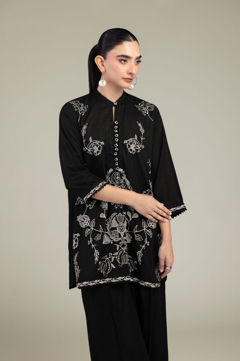 Embroidered | Raw Silk | Black Floral Kurta | USD 55.00