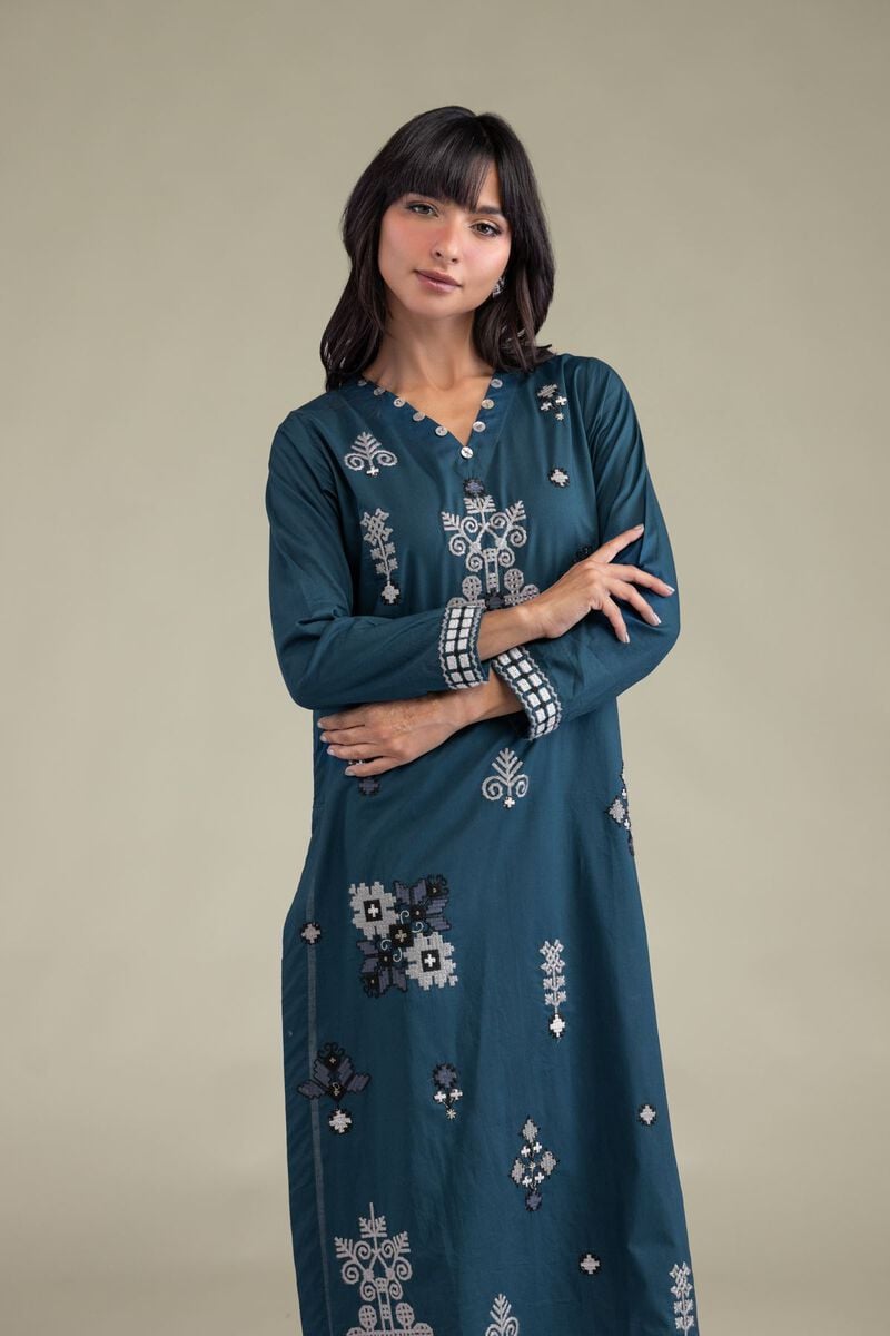 Embroidered | Cambric | Teal Longline Kurta | USD 35.00