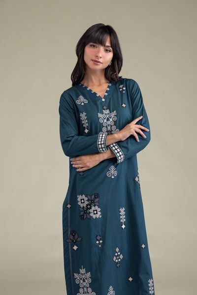 Embroidered | Cambric | Teal Longline Kurta | USD 35.00
