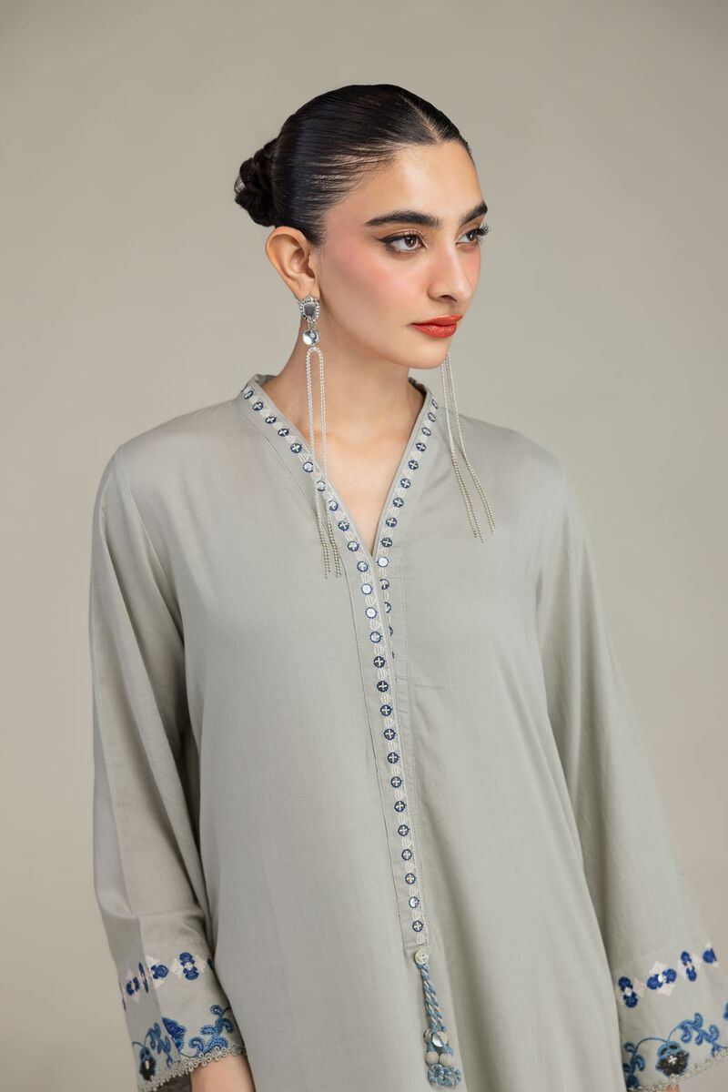 Embroidered | Raw Silk | Floral V-Neck Kurta | USD 60.00
