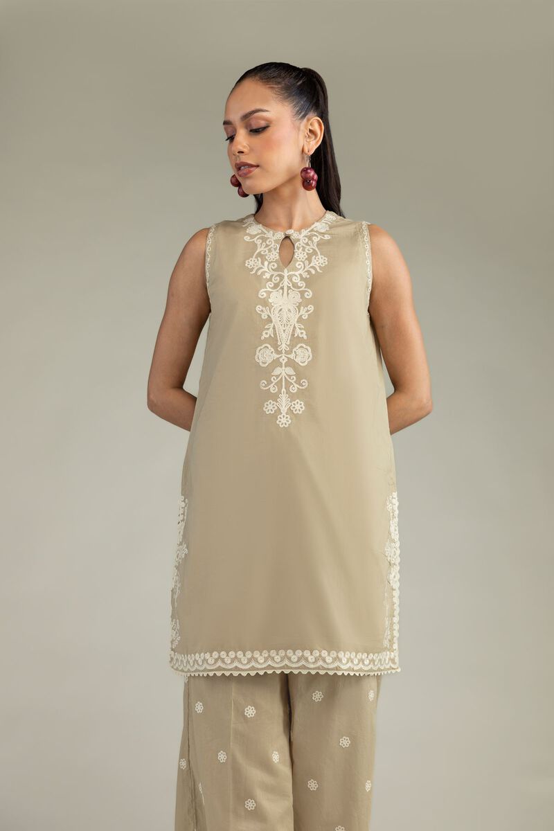 Embroidered | Cambric | Beige Sleeveless Kurta | USD 45.00