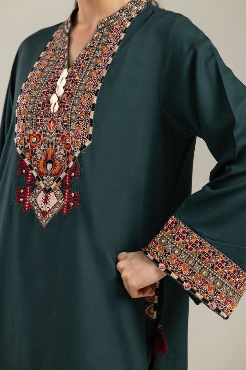Embroidered | Raw Silk | Green Longline Kurta | USD 55.00