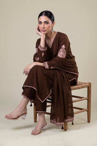 Embroidered | Light Khaddar | Brown V-neck Kurta | USD 45.00