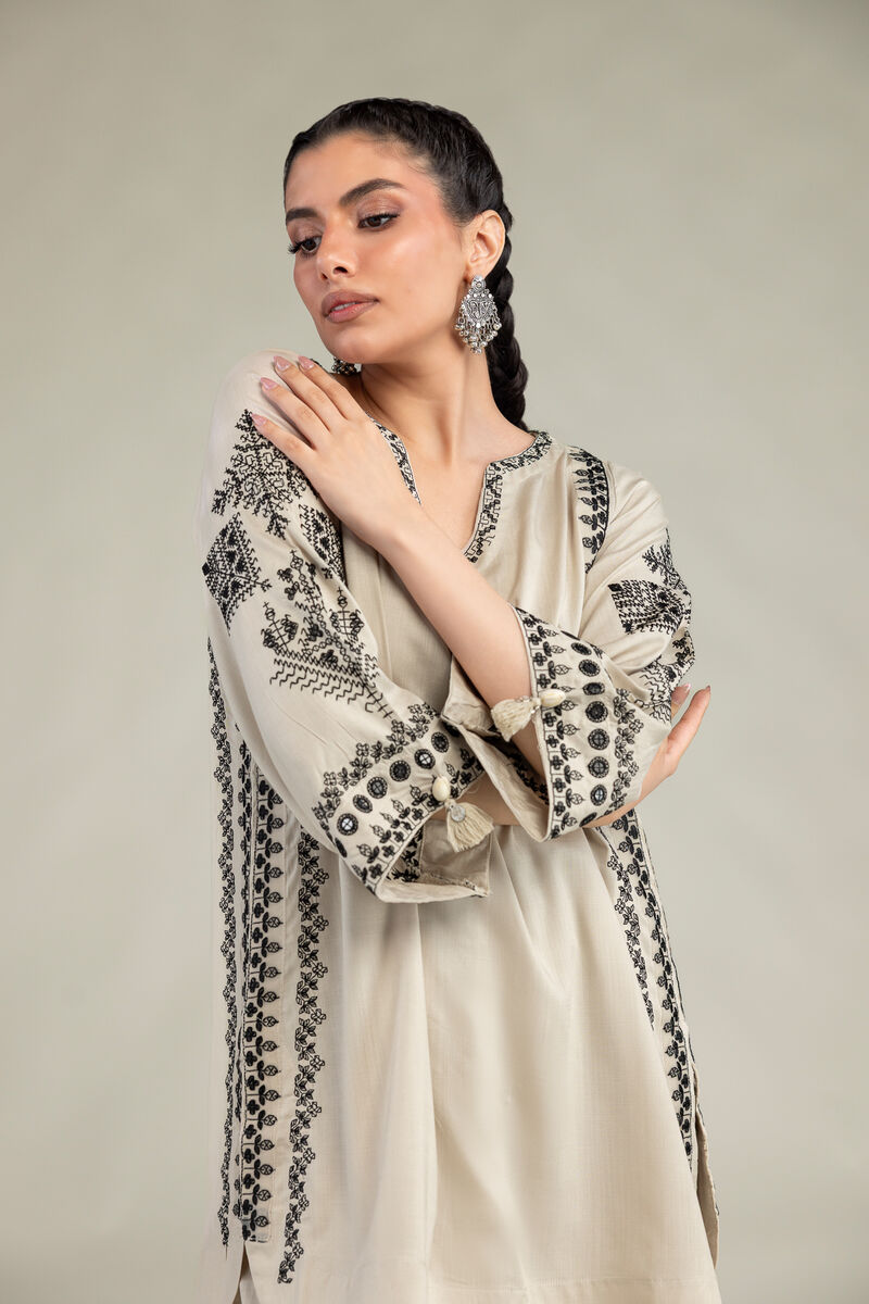 Embroidered | Raw Silk | Short Beige Kurta | USD 60.00