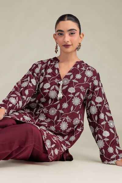 Printed | Raw Silk | Floral Maroon Kurta | USD 55.00