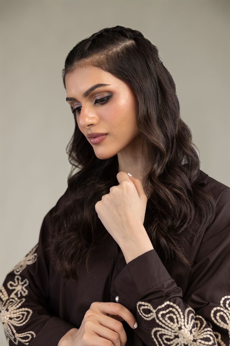Embroidered | Poplin | Brown V-Neck Blouse | USD 35.00