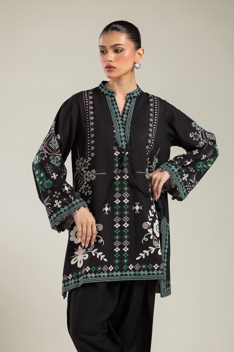 Embroidered | Raw Silk | Black V-Neck Kurta | USD 45.00