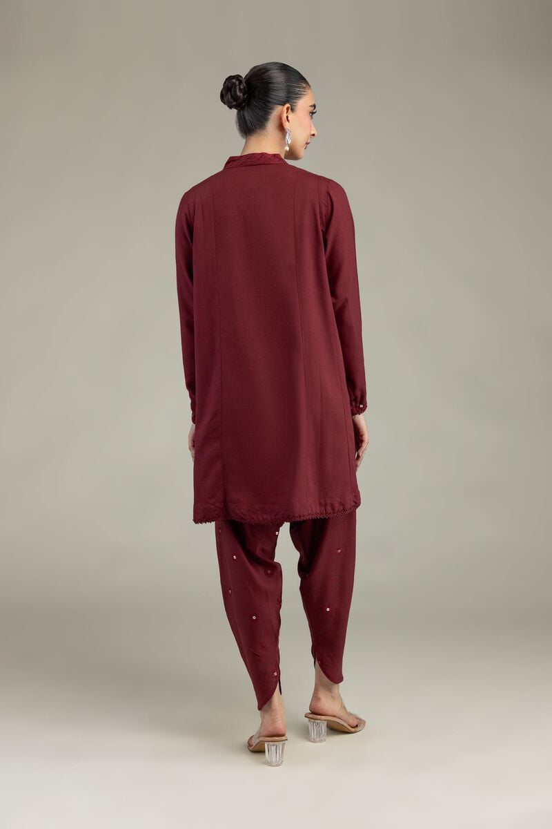 Embroidered | Raw Silk | Maroon V-Neck Kurta | USD 45.00