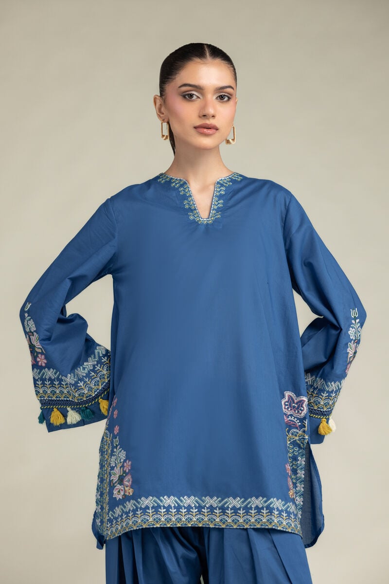 Embroidered | Cambric | Floral Blue Kurta | USD 55.00