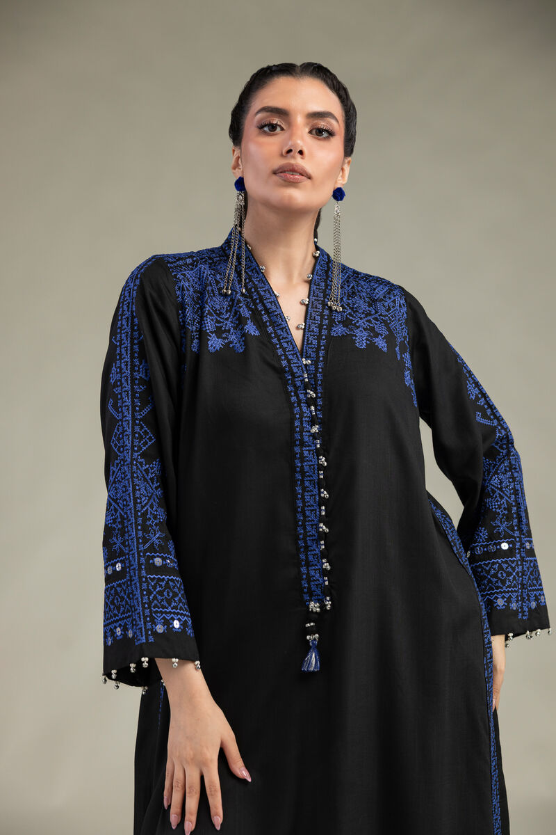 Embroidered | Raw Silk | V-Neck Longline Kurta | USD 65.00