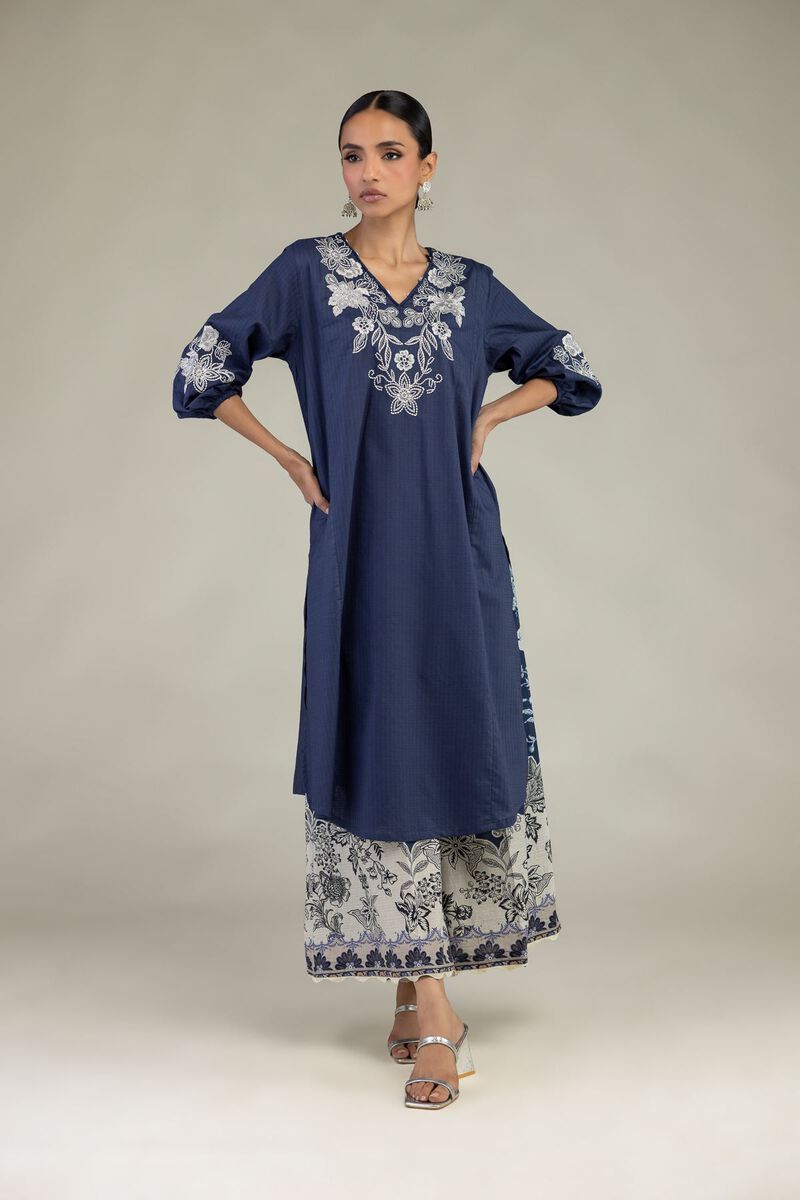 Embroidered | Cotton Dobby | Floral V-Neck Kurta | USD 45.00