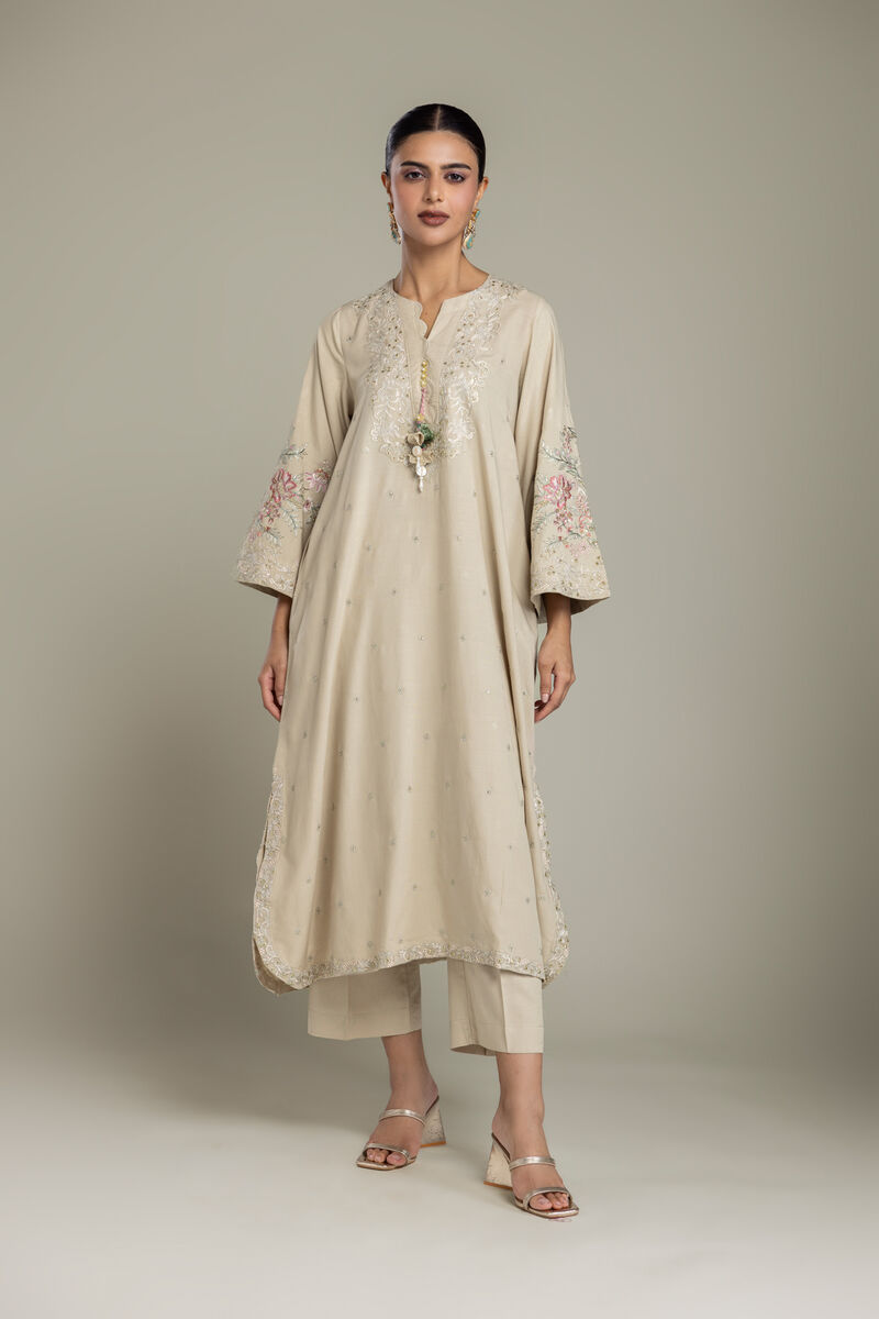 Embroidered | Raw Silk | Floral Beige Kurta | USD 80.00