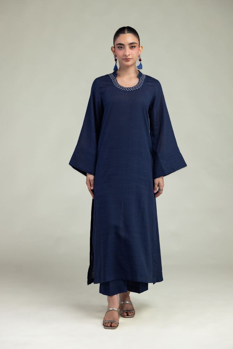 Dyed | Textured Cotton | Navy Round-Neck Kurta | USD 35.00