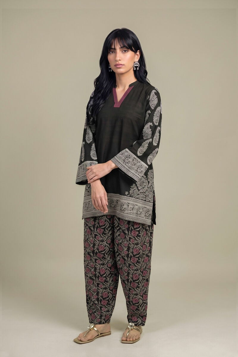 Printed | Light Khaddar | Black V-Neck Kurta | USD 45.00