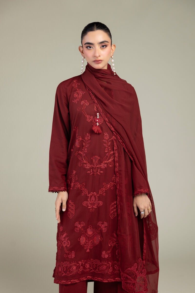 Embroidered | Chiffon | Maroon Chiffon Dupatta | USD 40.00