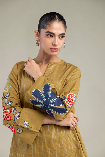 Embroidered | Cambric | Mustard V‑Neck Tunic | USD 40.00