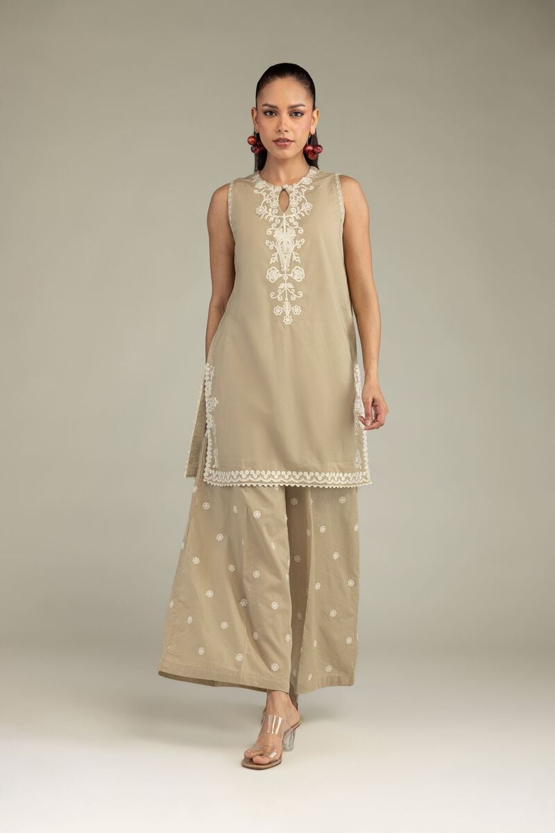 Embroidered | Cambric | Beige Cambric Pants | USD 35.00