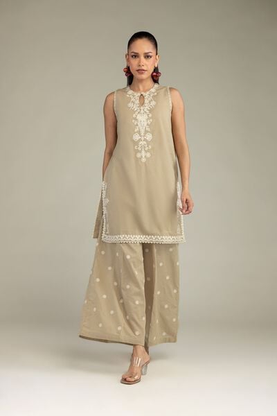 Embroidered | Cambric | Beige Cambric Pants | USD 35.00