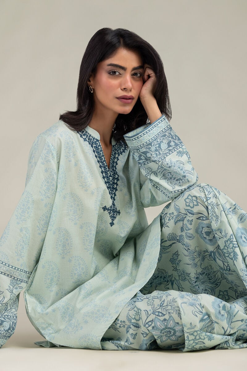 Embroidered | Cambric | Blue V-Neck Kurta | USD 35.00