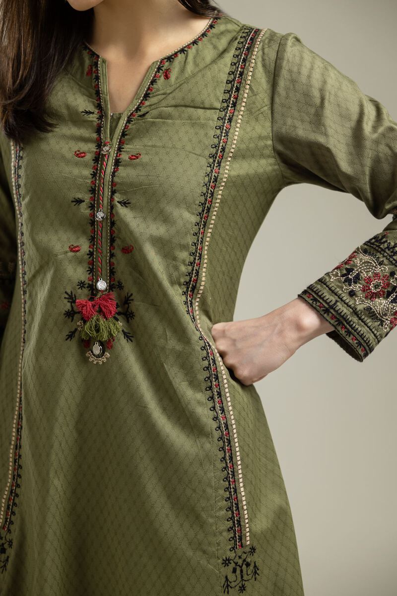 Embroidered |Cotton Dobby | Olive Floral Kurta | USD 40.00