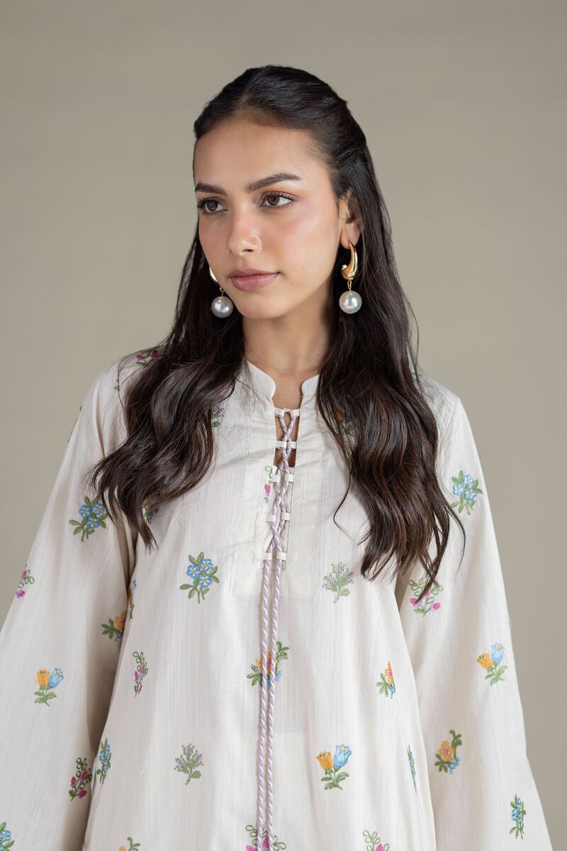 Embroidered | Textured Cambric | Floral Threadwork Kurta | USD 40.00
