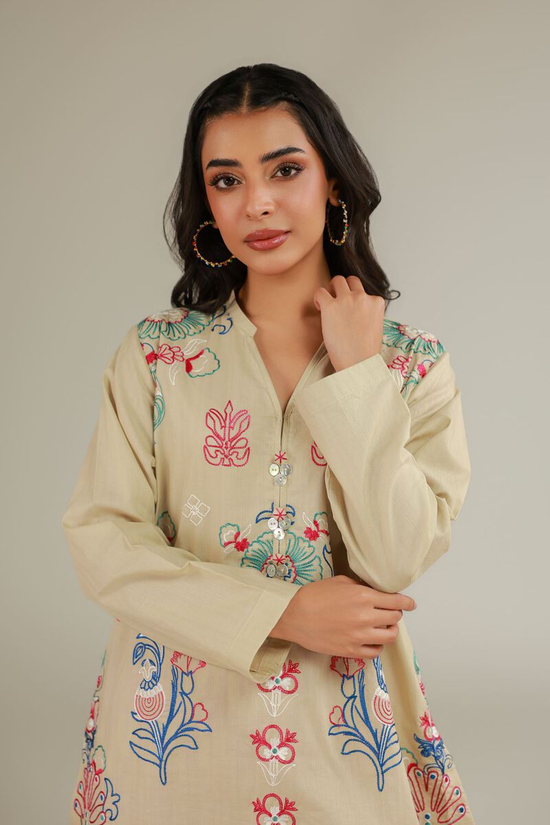 Embroidered | Cotton Dobby | Floral Beige Kurta | USD 35.00