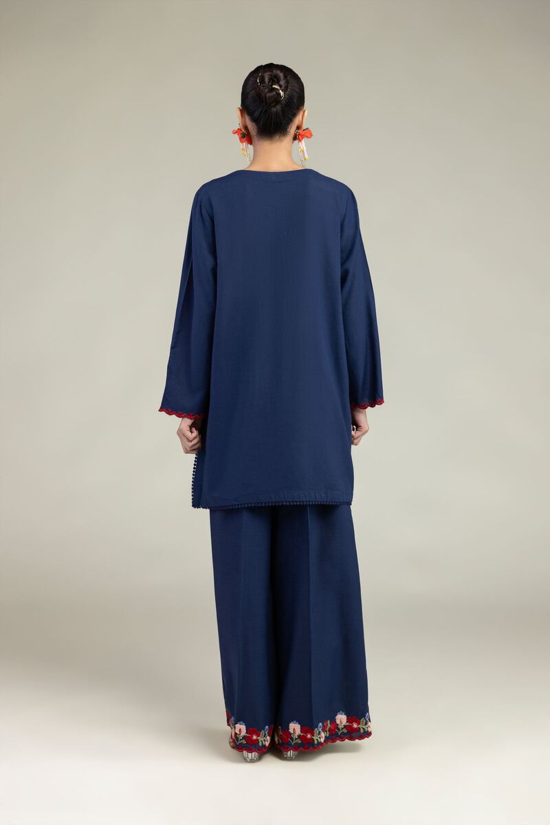 Embroidered | Raw Silk | Navy V-Neck Kurta | USD 40.00
