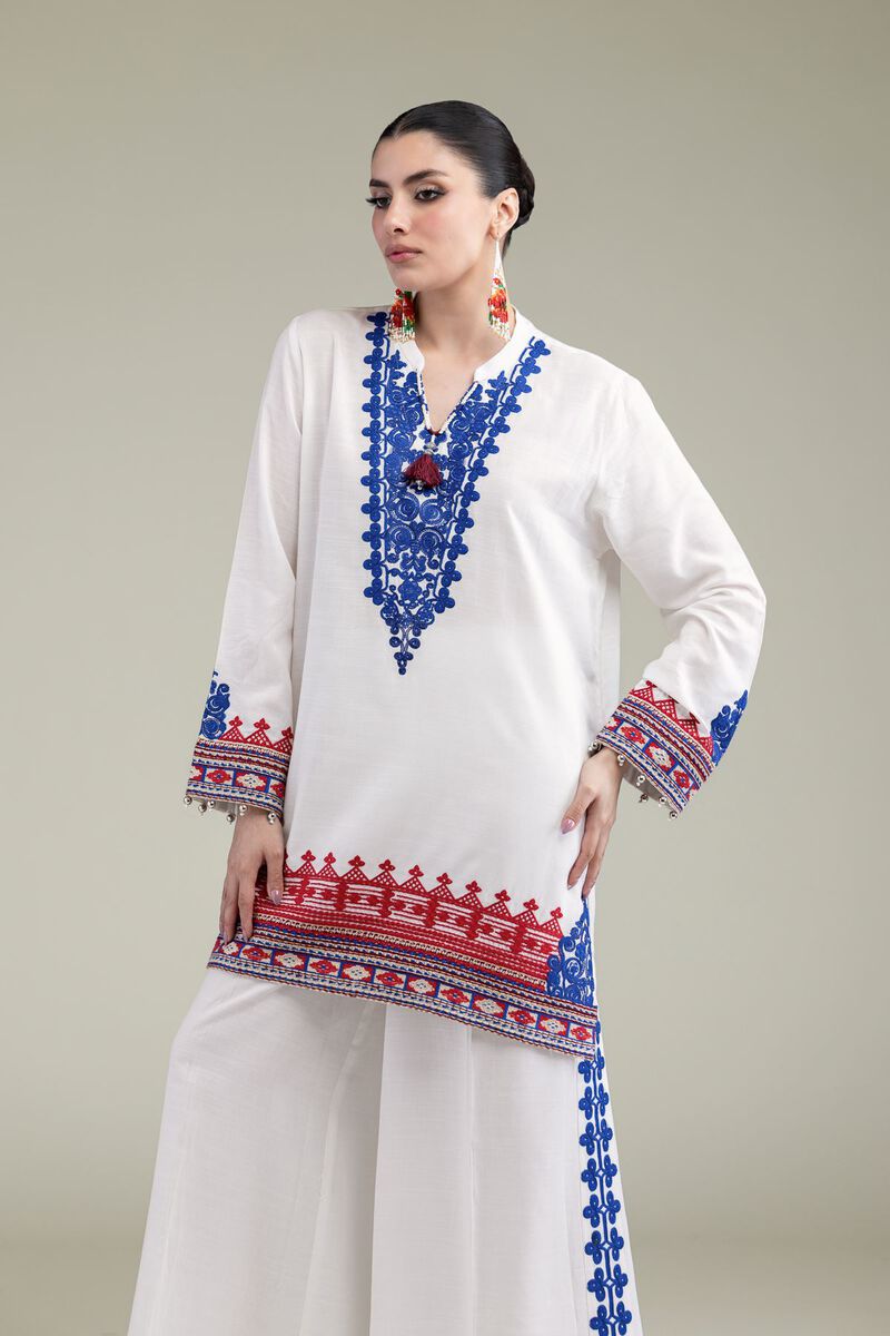 Embroidered | Raw Silk | White V-Neck Kurta | USD 13.50
