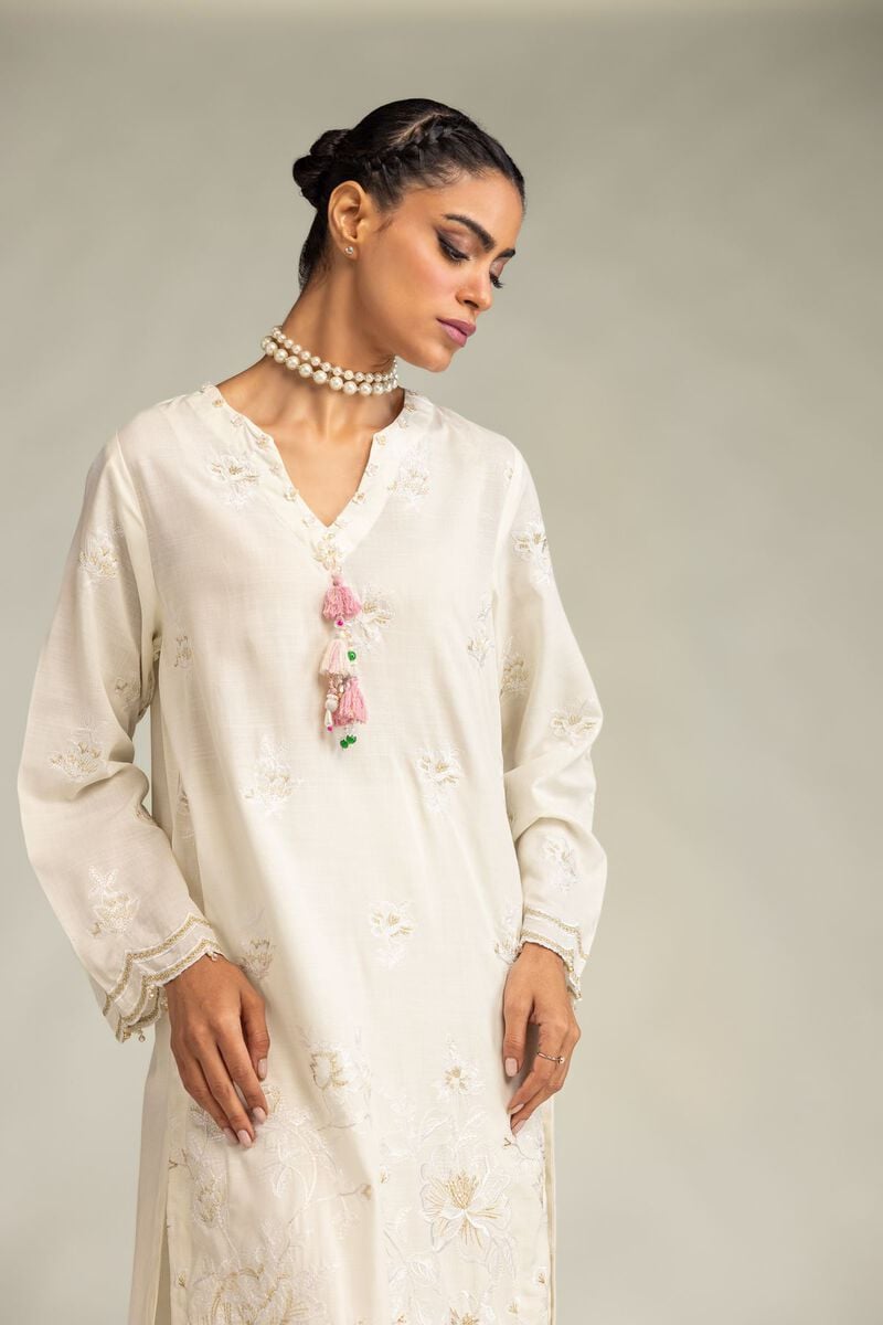 Embroidered | Raw Silk | Floral Longline Kurta | USD 65.00