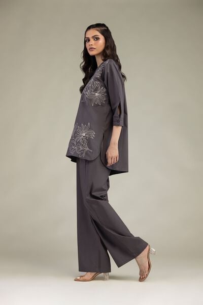 Embroidered | Poplin | Gray Poplin Trousers | USD 30.00