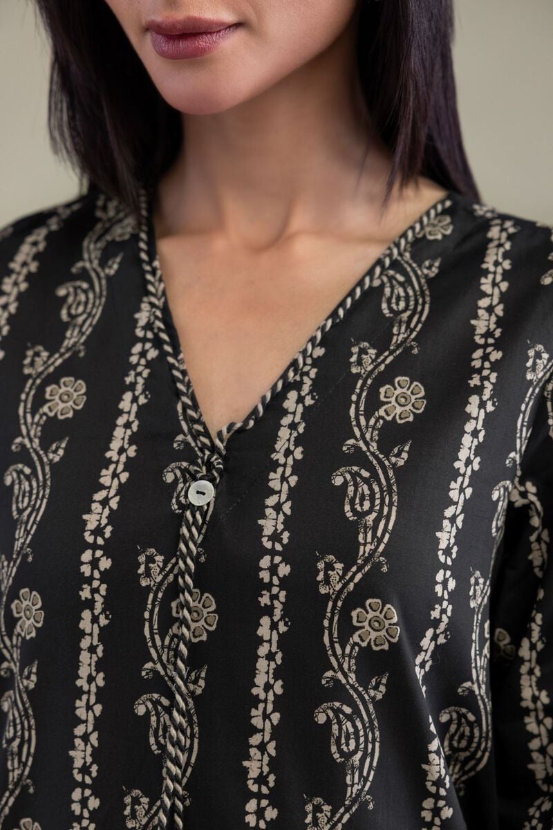 Printed | Cambric | Black V-Neck Kurta | USD 30.00