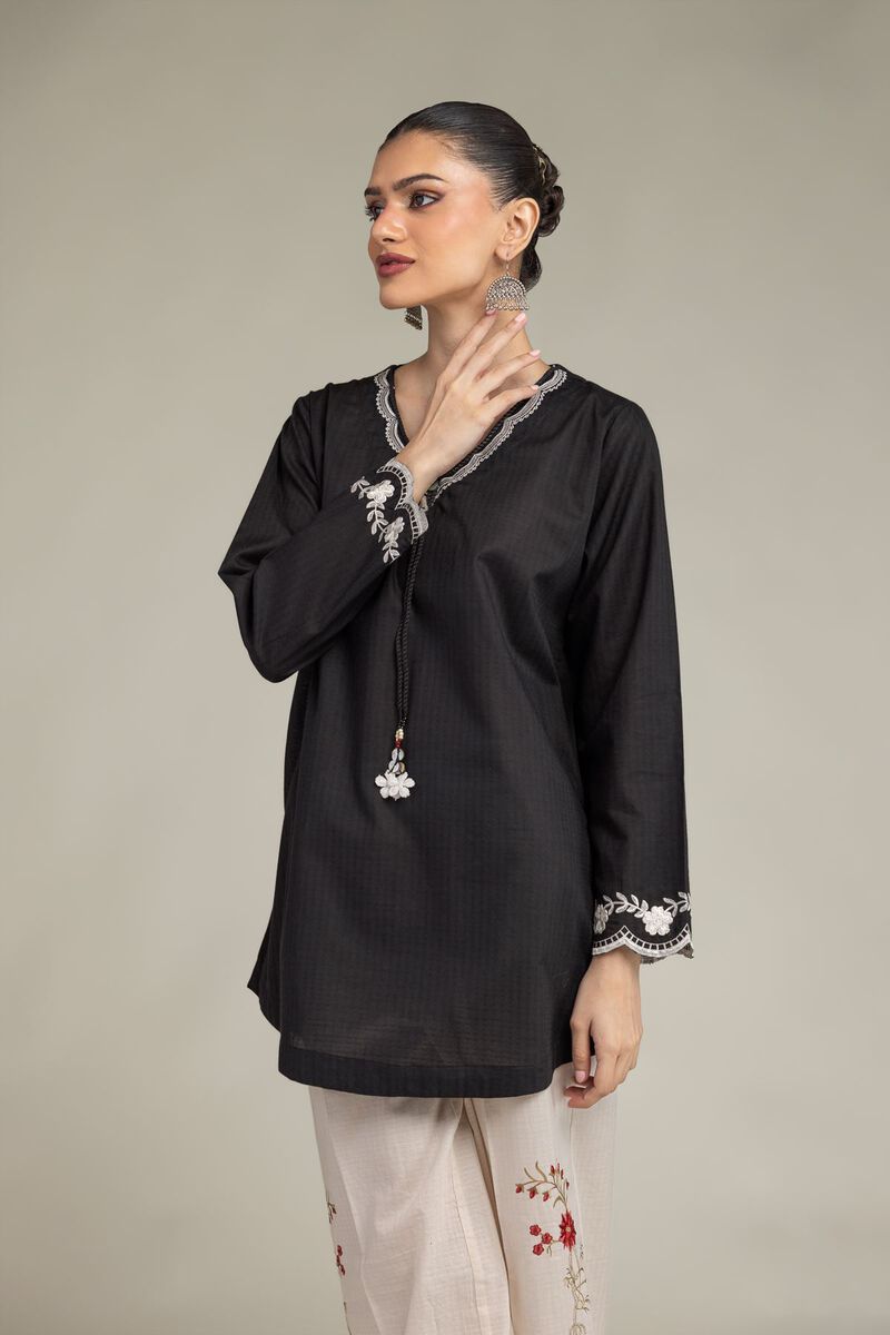 Embroidered | Cotton Dobby | Black V-Neck Kurta | USD 35.00