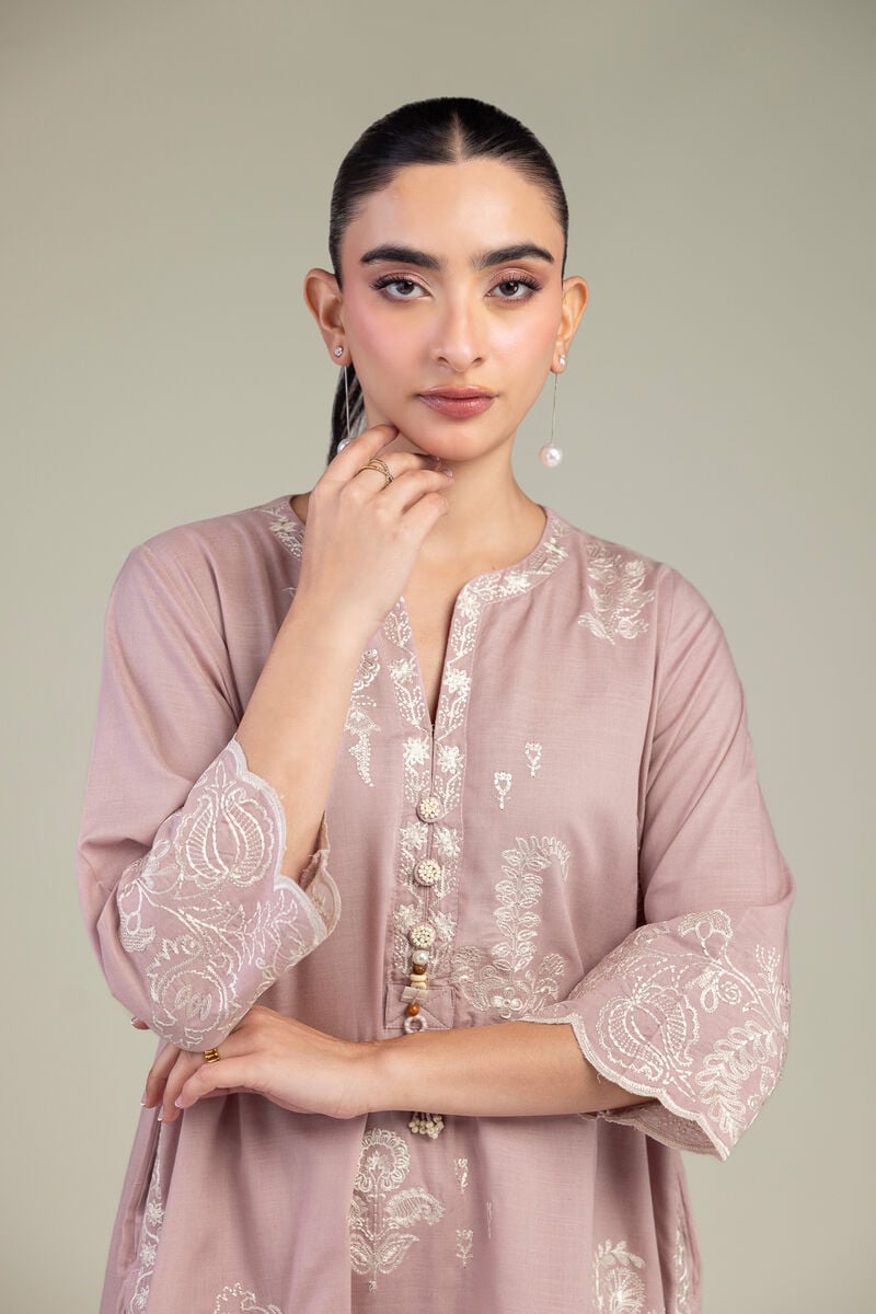 Embroidered | Raw Silk | V-Neck Pink Kurta | USD 55.00
