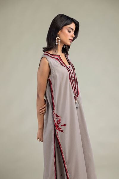 Embroidered | Cotton Dobby | Gray Sleeveless Kurta | USD 45.00