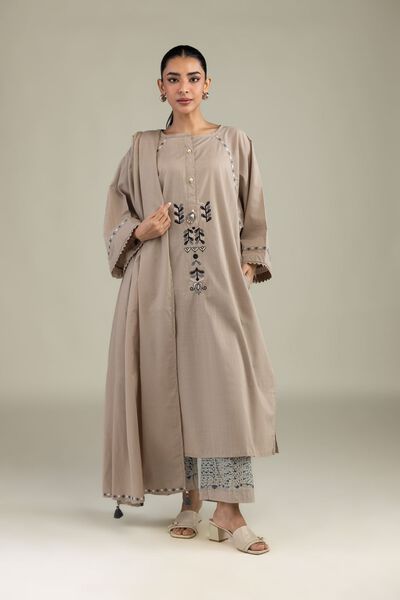 Textured Cotton | Embroidered | Beige Cotton Pants | USD 30.00