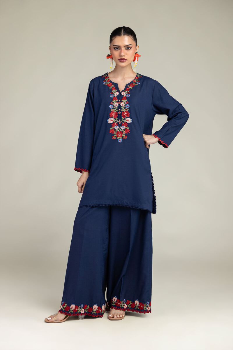 Embroidered | Raw Silk | Navy Floral Pants | USD 35.00