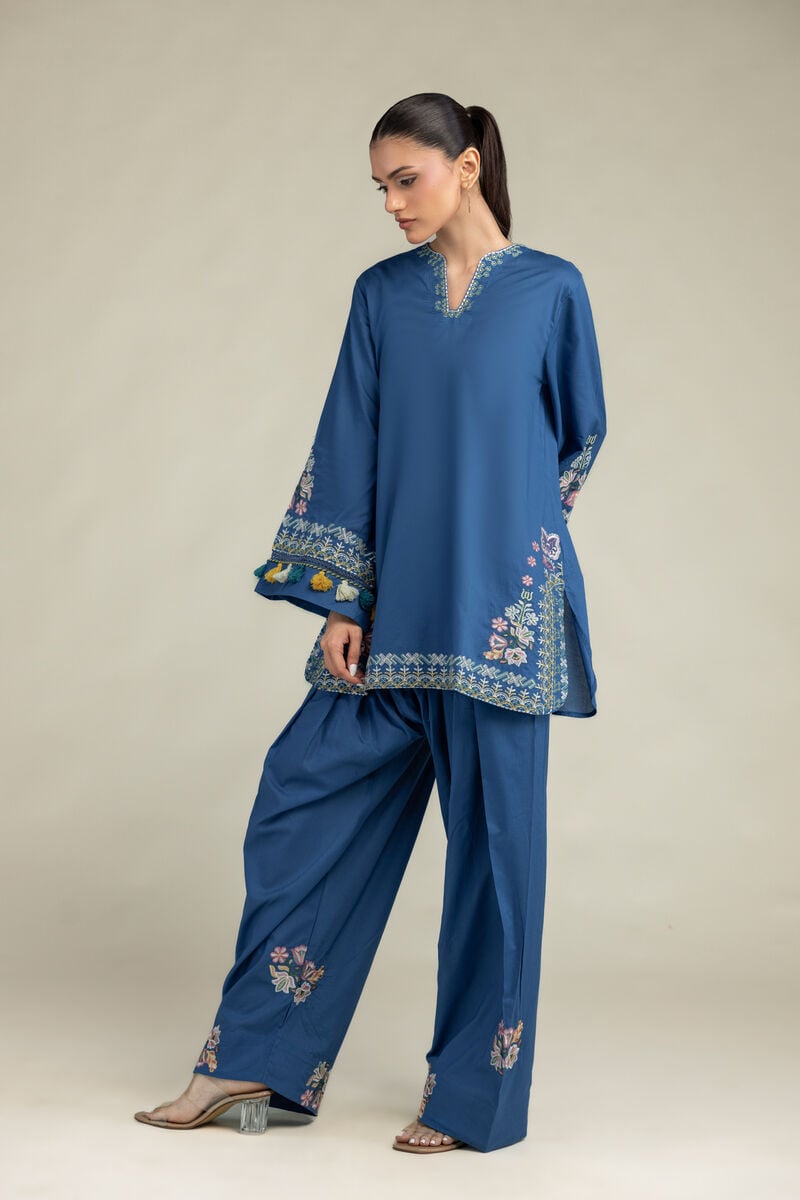 Embroidered | Cambric | Floral Blue Kurta | USD 55.00