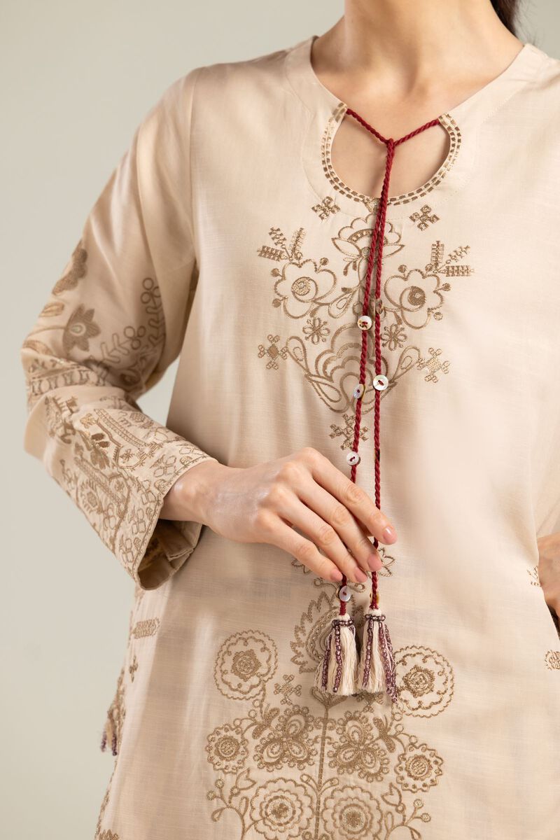 Embroidered | Raw Silk | Floral Beige Kurta | USD 55.00